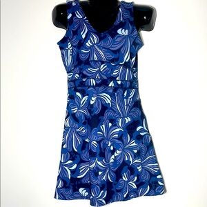 Title Nine blue abstract floral dress hidden zipper pockets Small